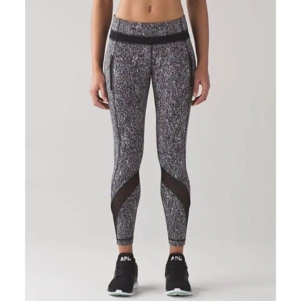 Lululemon Inspire Tight II‎ Leggings Black White Speckle Mesh Panel Size 10
